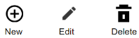 The New icon is a circle with a plus sign, flat design style. The Edit icon is a pencil, flat design style. The Delete icon is a trash can, flat design style.
